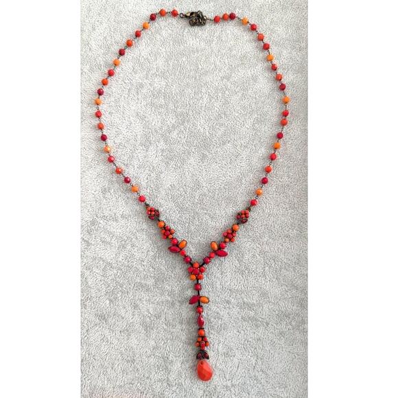 Vintage Y-Drop Necklace ~ Red Orange Opaque faceted Gem Y2K Y-Drop Necklace - Picture 1 of 4